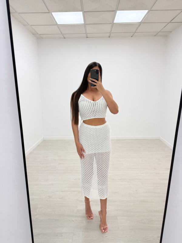 CONJUNTO CROCHET FALDA+TOP BLANCO